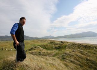 Six time major winner Nick Faldo visits Ballyliffin in Co.Donegal / Ireland to inspect the renovation he has made to the 'Old Links' there with his company Faldo Design. Faldo Junior series were hosted by the club